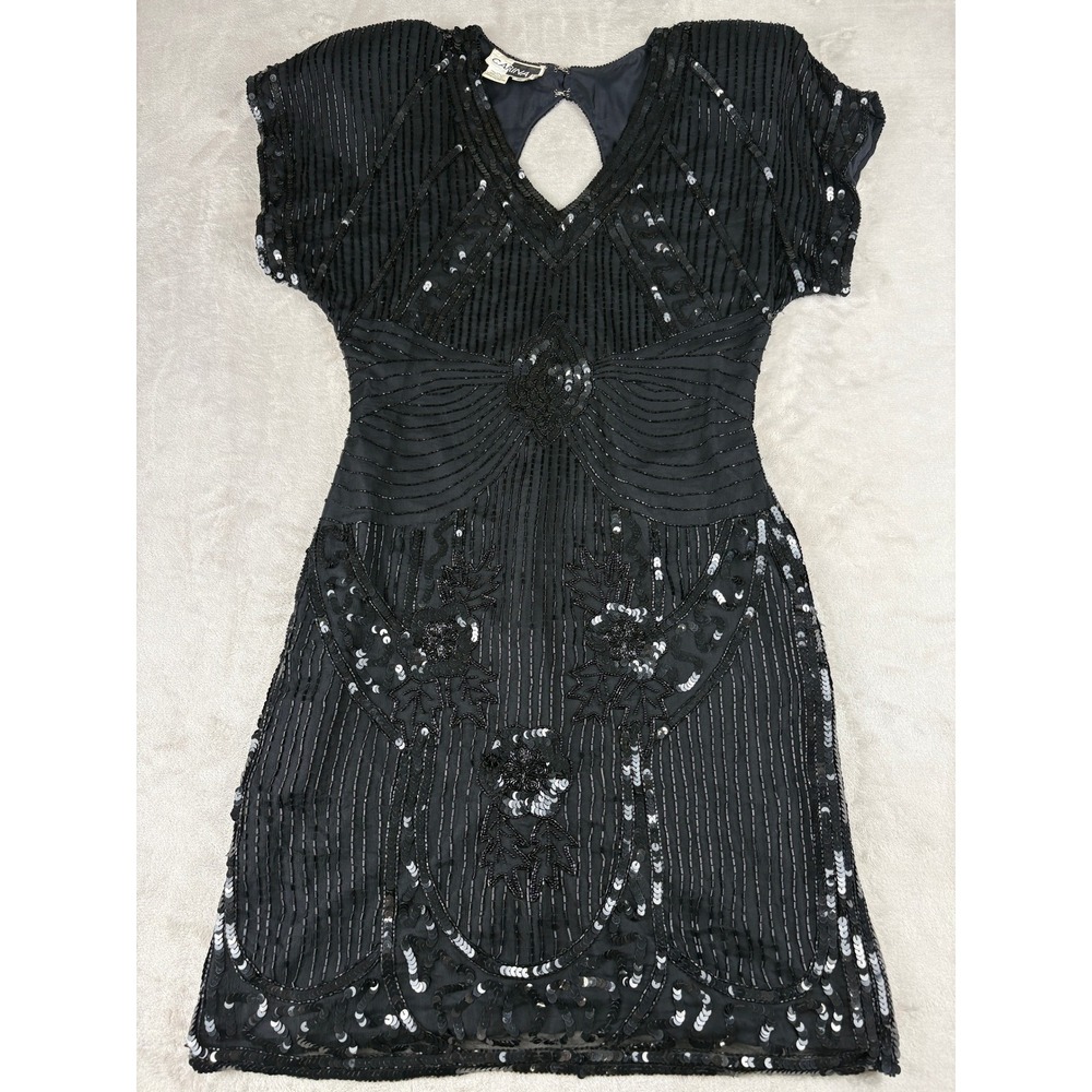 Vintage Carina Black Pure Silk Beaded Sequin Art Deco Flapper Mini Dress Medium - Picture 1 of 9